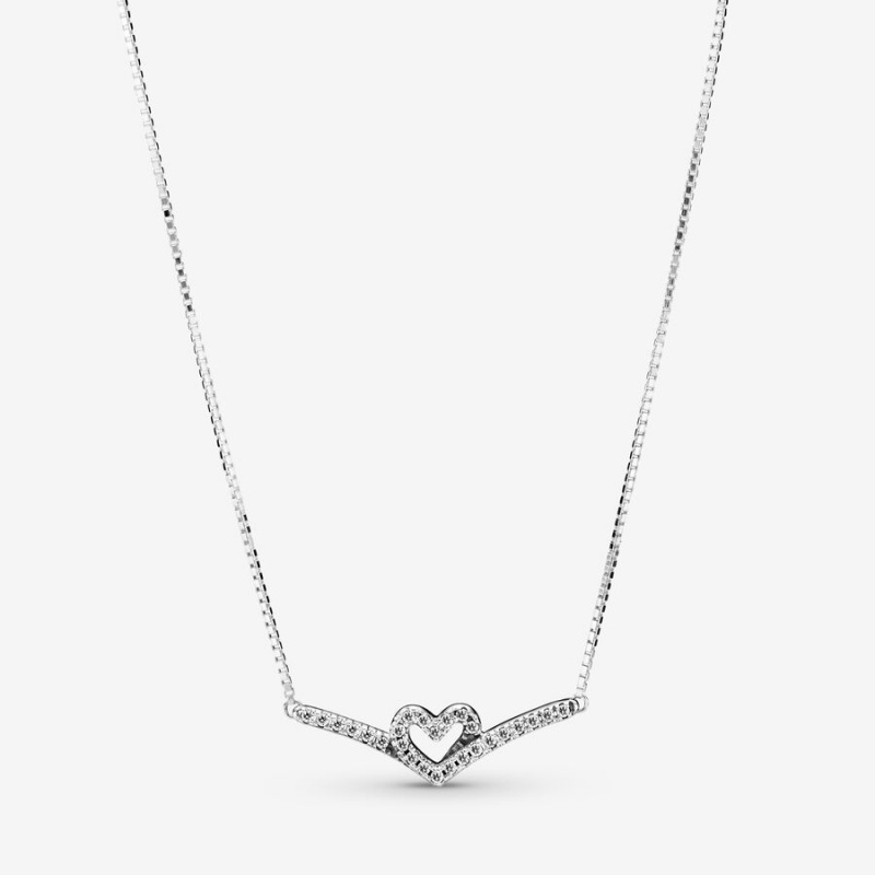 Pandora Sparkling Wishbone Heart Collier Necklace Sterling Silver | 076GSWIBC