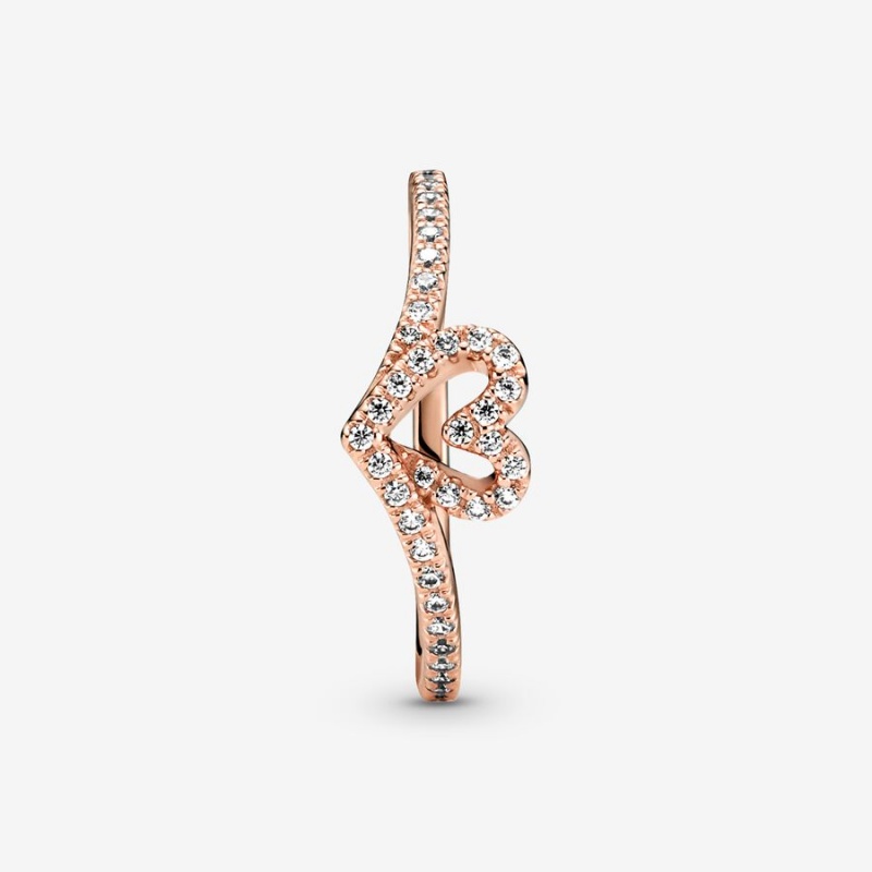 Pandora Sparkling Wishbone Heart Ring Rose Gold Plated | 507YEOSZP