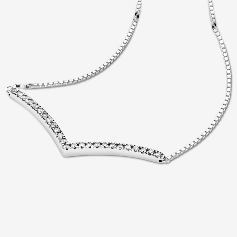 Pandora Sparkling Wishbone Necklace Sterling Silver | 471FBSVYU