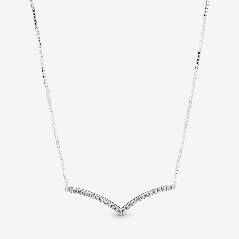 Pandora Sparkling Wishbone Necklace Sterling Silver | 471FBSVYU