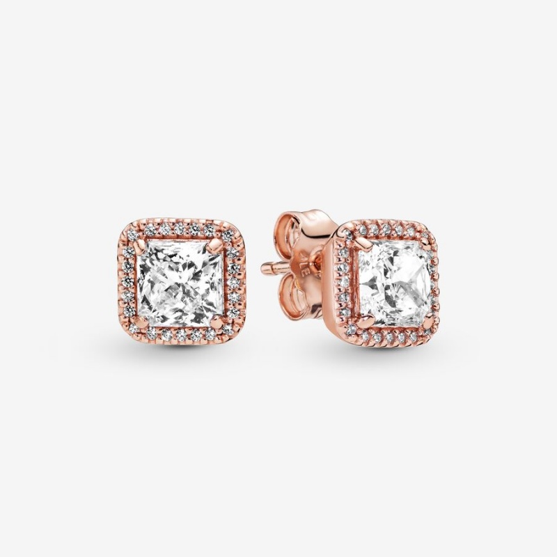 Pandora Square Sparkle Halo Stud Earrings Rose Gold Plated | 201ZNRCKQ