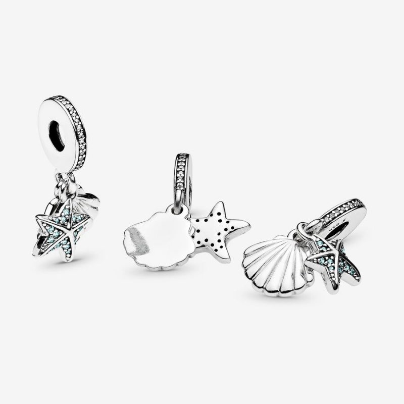 Pandora Starfish and Sea Shell Dangle Charm Sterling Silver | 763HUCLJW