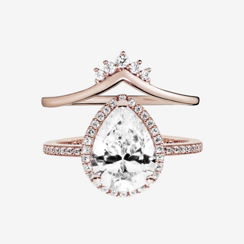 Pandora Teardrop Halo Wishbone Stacking Ring Set | 397GDKHRE