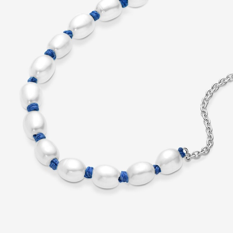 Pandora Treated Freshwater Cultured Pearl Blue Cord Chain Bracelet Sterling Silver | 965MDNVFL