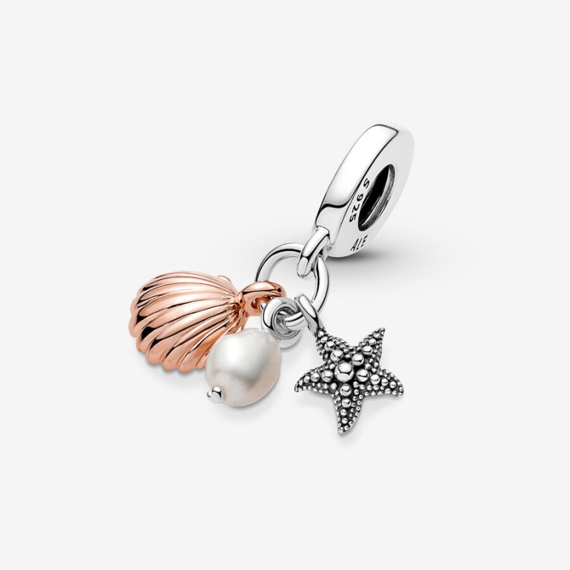 Pandora Treated Freshwater Cultured Pearl, Starfish & Shell Triple Dangle Charm Two-tone | 236BUHDSA