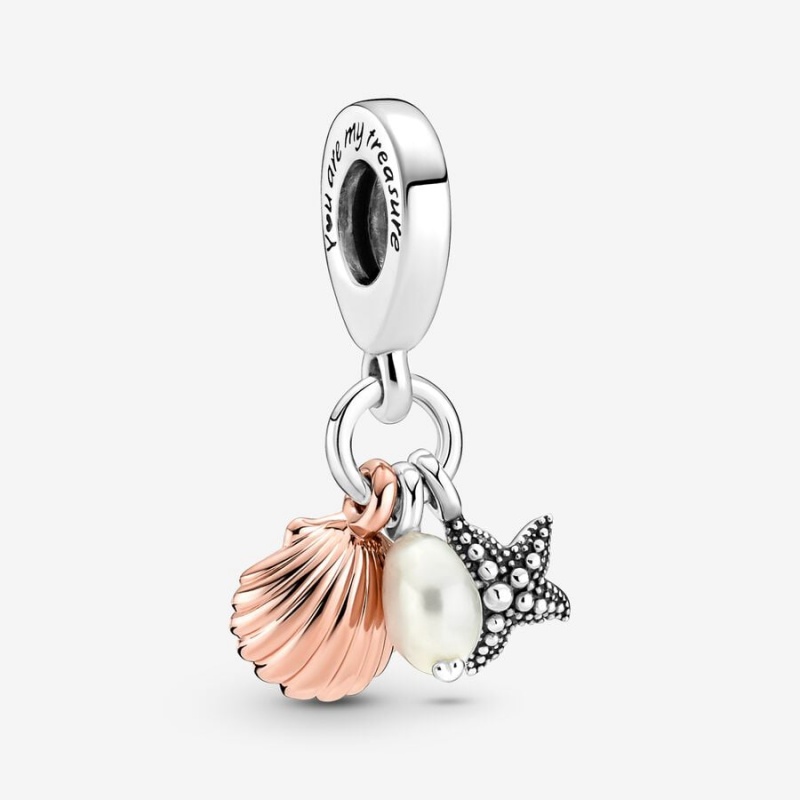 Pandora Treated Freshwater Cultured Pearl, Starfish & Shell Triple Dangle Charm Two-tone | 236BUHDSA