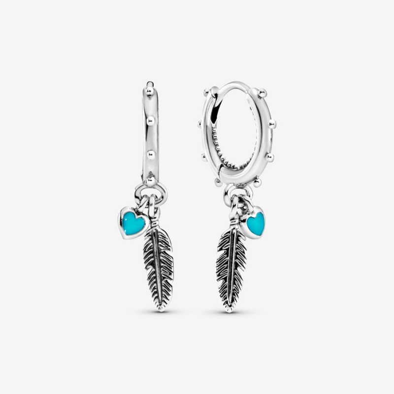 Pandora Turquoise Hearts and Feather Hoop Earrings Sterling Silver | 057WBNSHT